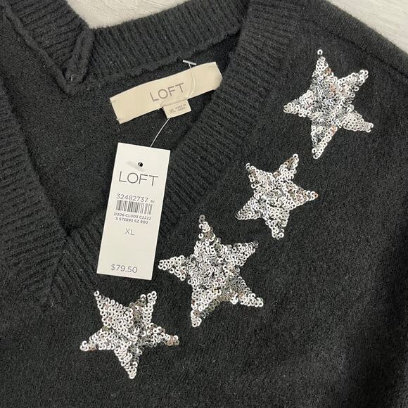 Loft Black Shimmer Silver Sequin Star V-Neck Back Long Sleeve Sweater XL - Picture 3 of 7
